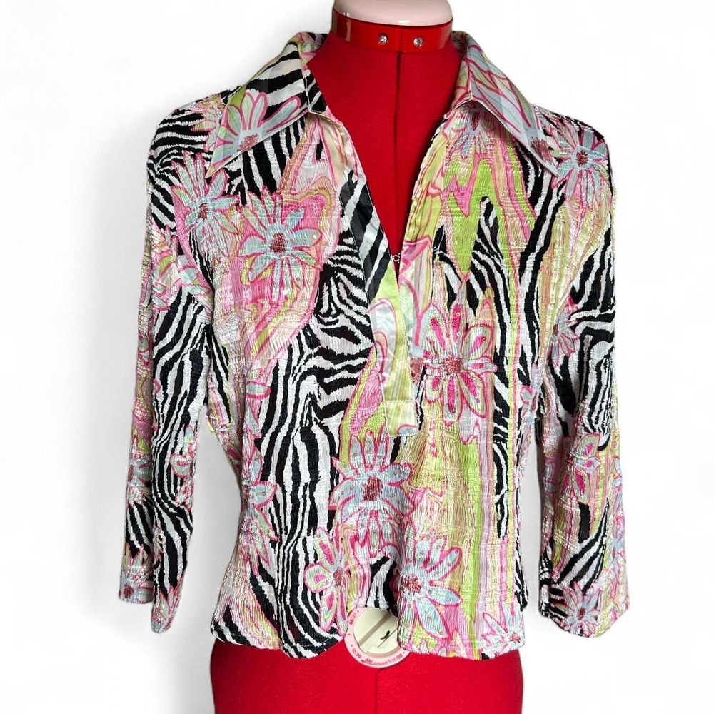 Alberto Makali Zebra Floral Sequin Textured Crinkle Collared Shirt Size XL